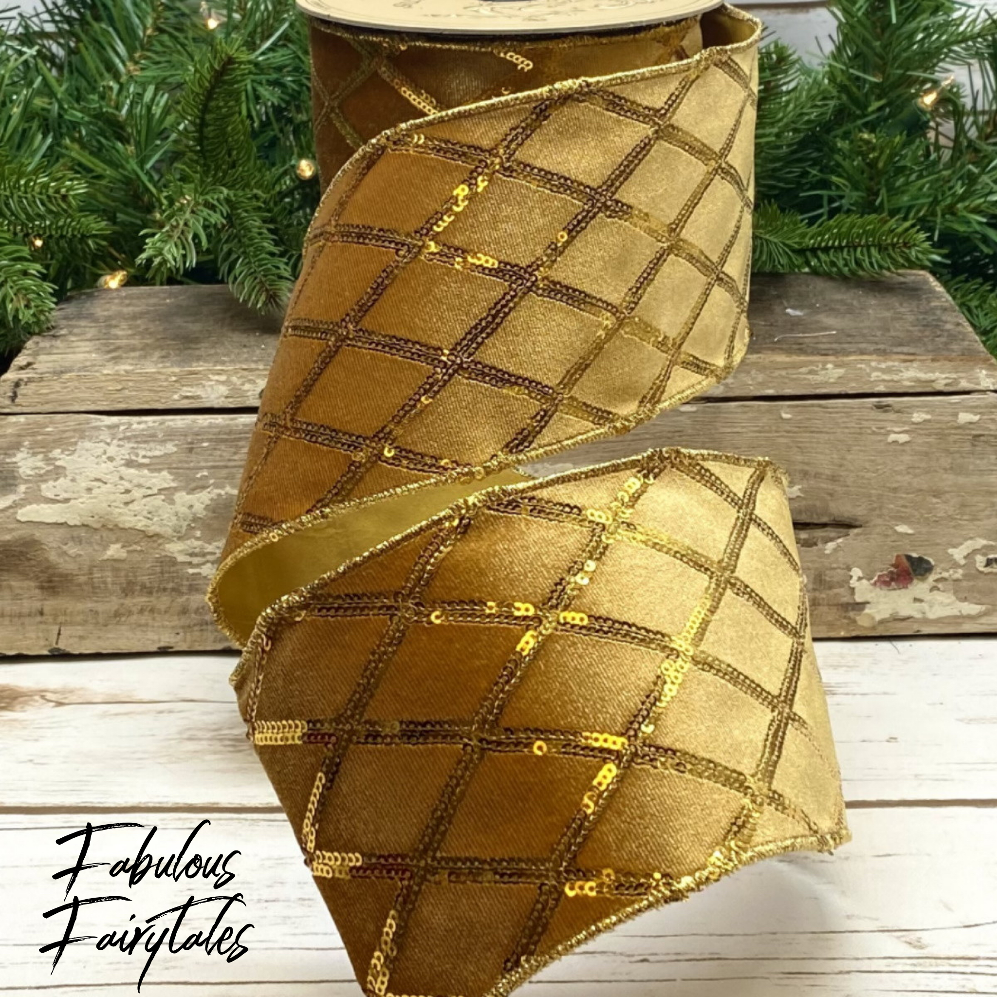 D Stevens Luxury Gold Velvet Sequin Harlequin Christmas Ribbon Wired -  Fabulous Fairytales